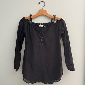 Calvin Klein Off the Shoulder Black and Gold Blouse with Lace Up Detail